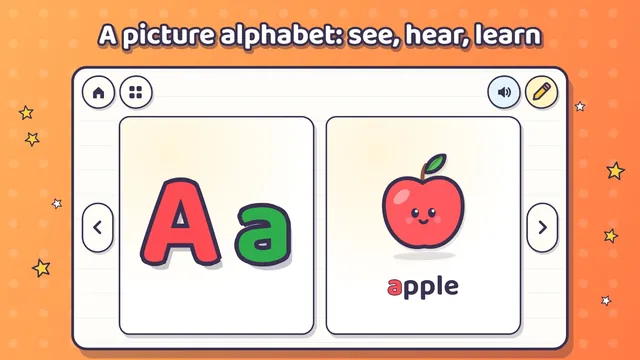Picture alphabet: capital and small A next to an apple and the word apple