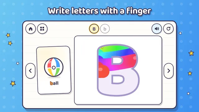 Let's Write: the letter B being colored in rainbow colors with a finger, next to a ball