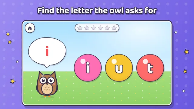 Find It: the owl asks for a letter and three letter bubbles wait to be tapped