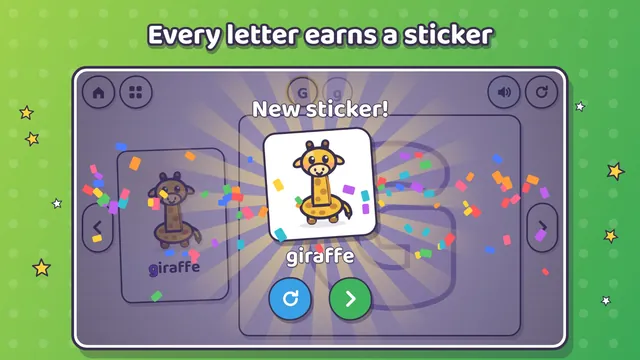 New sticker: a giraffe sticker earned for a written letter, with confetti