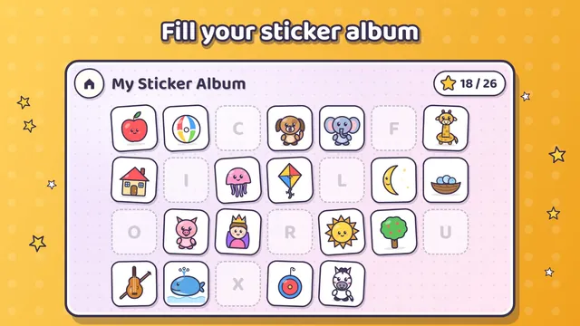 Sticker album: apple, ball, cat, elephant and other stickers collected