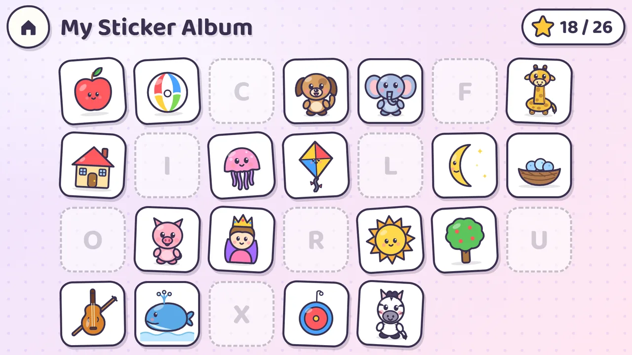 Sticker album: collected stickers and the letters still missing