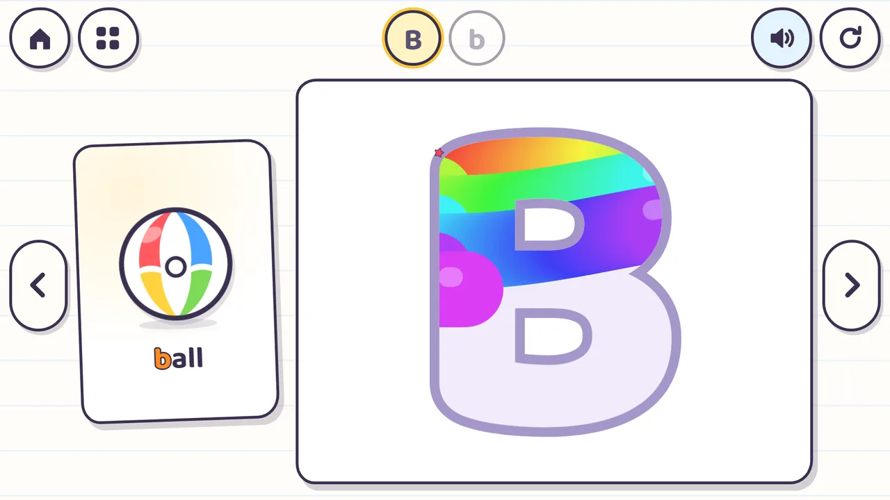 Alphabet Friends: the letter B being colored in rainbow colors with a finger