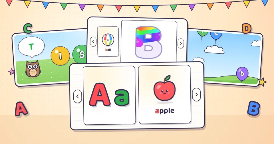 Alphabet Friends: a picture alphabet, a letter colored in rainbow colors, finding letters with the owl and letter balloons