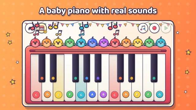 Baby piano: colorful keys with note names, singing birds on top and notes floating up