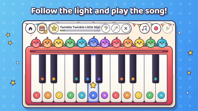 Song mode: while playing Twinkle Twinkle Little Star, the next key shines with a star