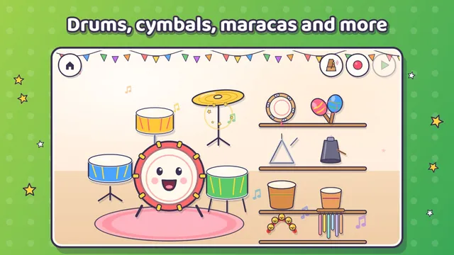 Drum stage: a smiling bass drum, toms, cymbal, tambourine, maracas, triangle, cowbell, bongos and wind chimes