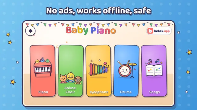 Home screen: Piano, Animal Choir, Xylophone, Drums and Songs