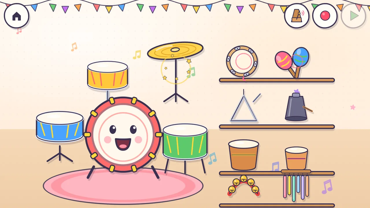 Drum stage: the bass drum, cymbal, tambourine and maracas playing