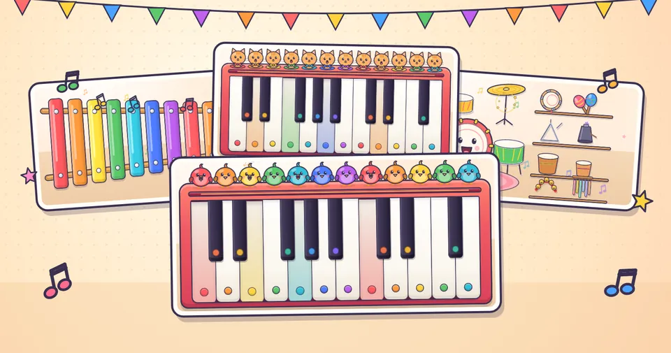 Baby Piano: pianos with singing birds and cats, a rainbow xylophone and a drum stage