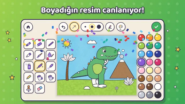 Boyanan dinozor canlanıyor, konfetiler yağıyor