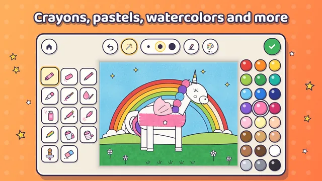 Painting screen: a marker rainbow, a watercolor sky and a unicorn being colored with a crayon