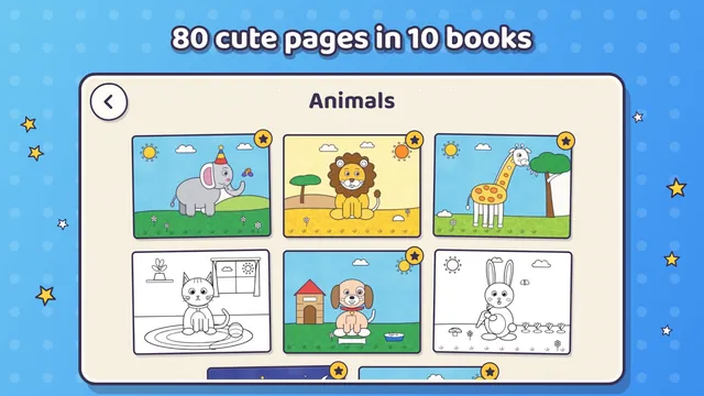 The pages of the Animals book: colored ones in color, the rest as line art