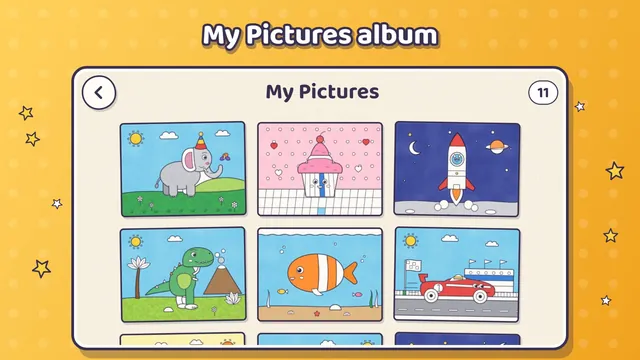 My Pictures album: finished elephant, cupcake, rocket, dinosaur, fish and race car pictures