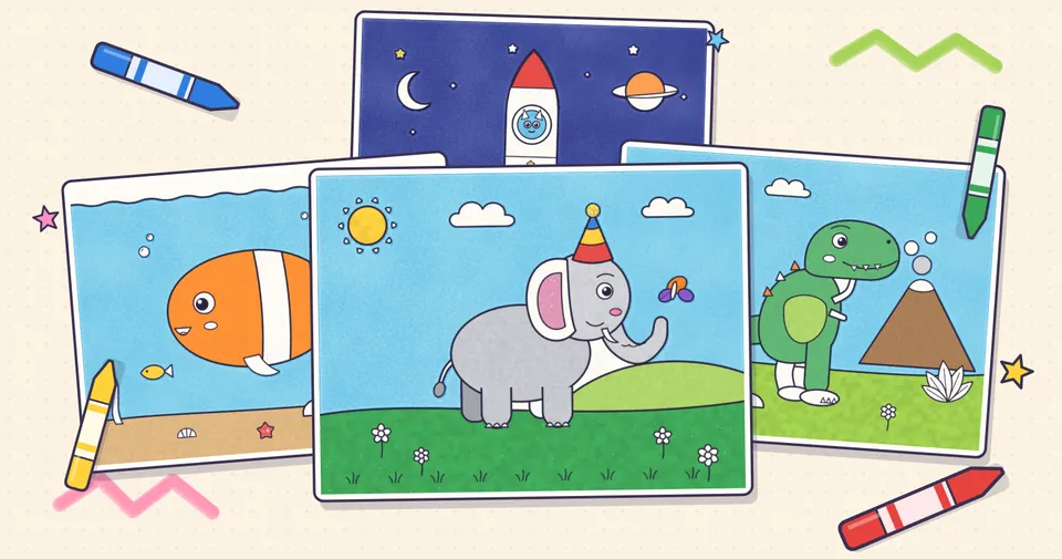 Colored pictures of an elephant, a dinosaur, a fish and a rocket made with Coloring Friends, next to crayons