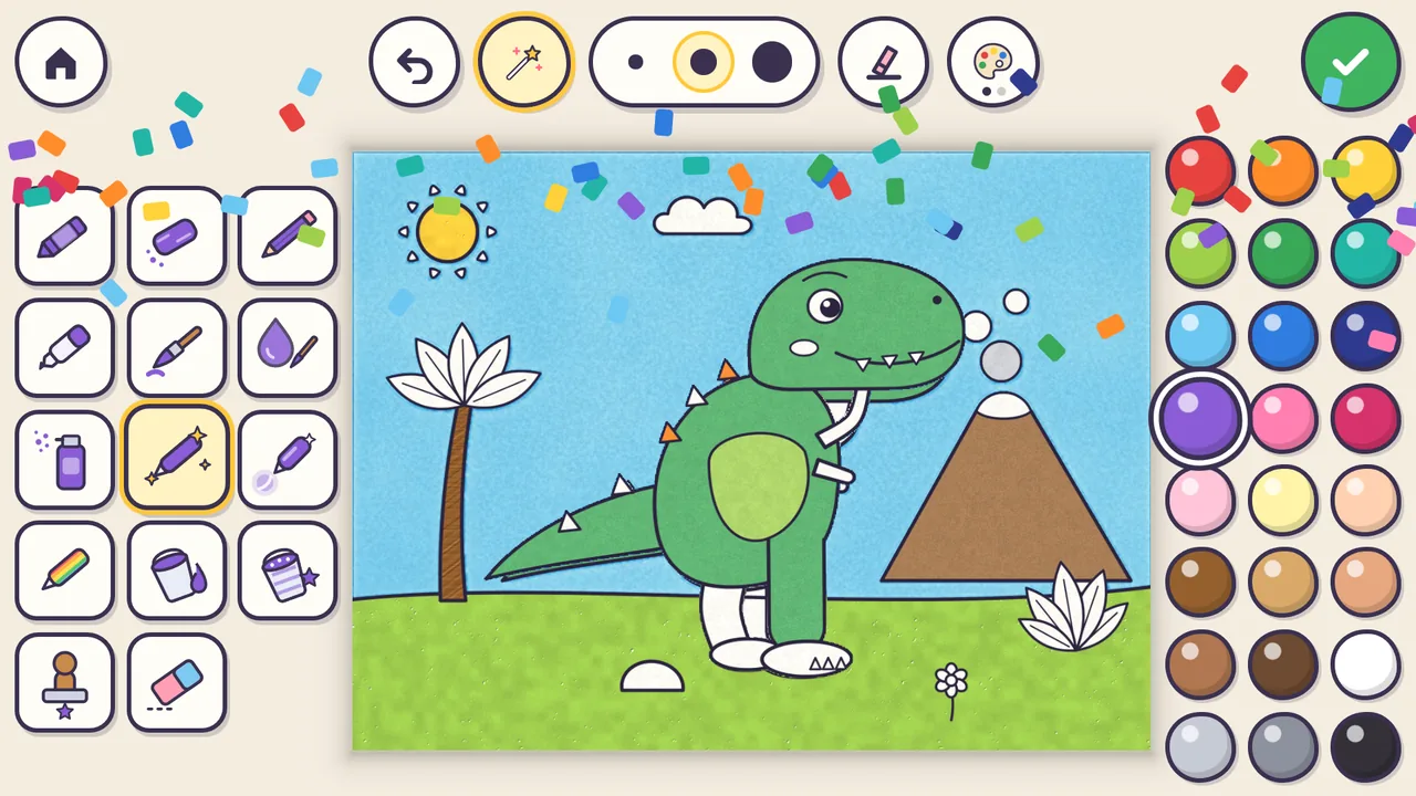 Coloring Friends: the colored dinosaur comes alive as confetti falls