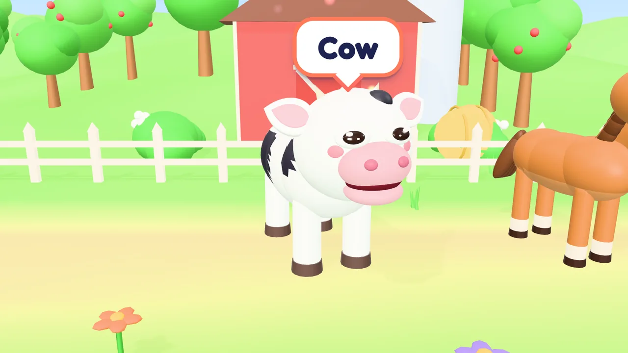Animal Sounds: a cow mooing when tapped, with a bubble showing its name