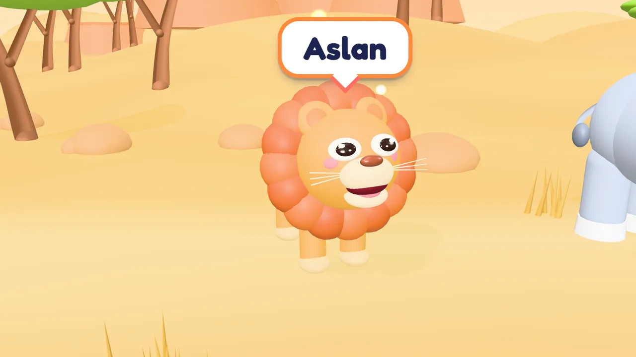 Safaride kükreyen aslan ve adını gösteren balon