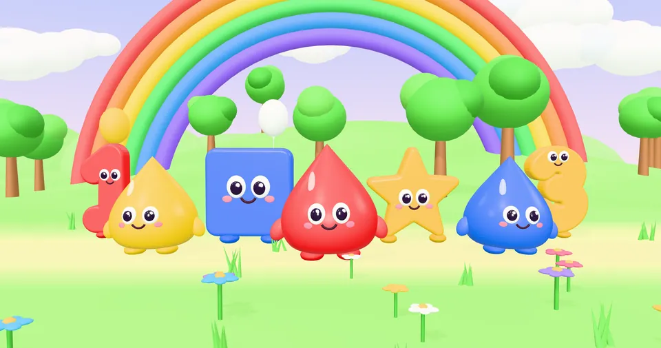 Paint drops, shapes and numbers in front of a rainbow in the Colors Shapes Numbers app