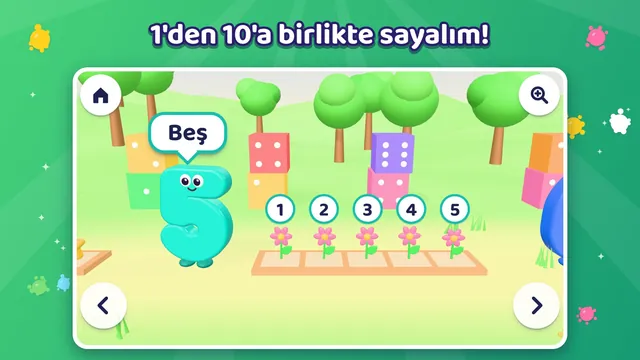 Beş rakamı yanındaki beş çiçeği tek tek sayıyor