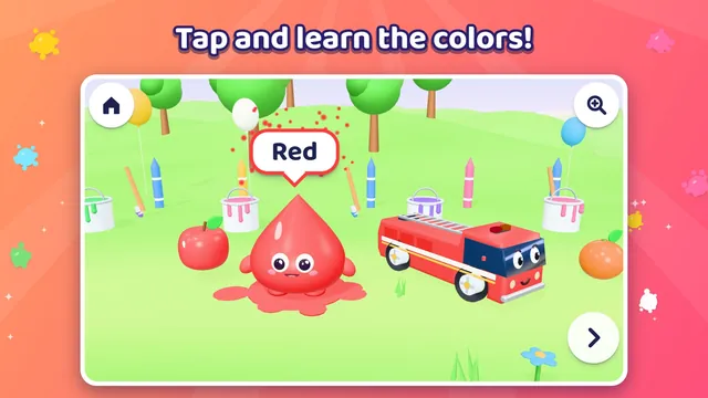 The red paint drop says its name, next to a red apple and a fire truck