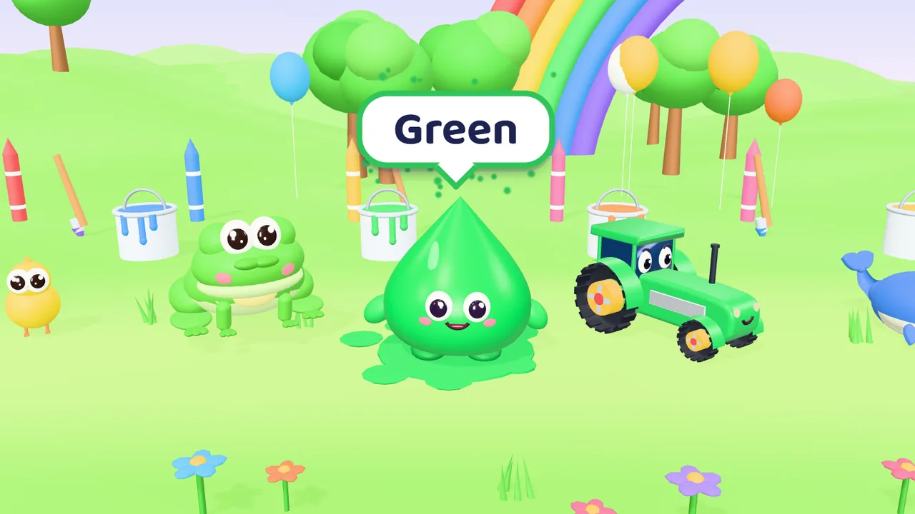 The green paint drop, next to a green frog and a tractor
