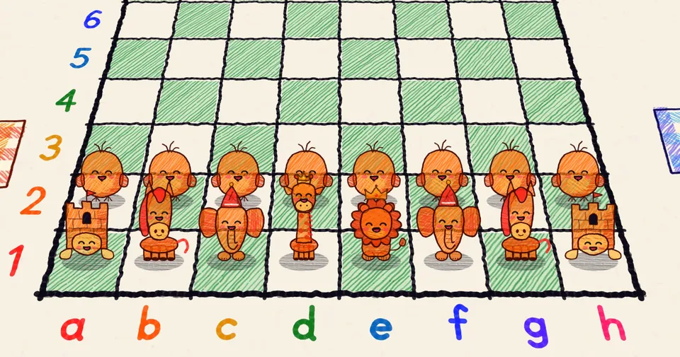 Smiling animal friends on a board drawn on paper in Chess Friends