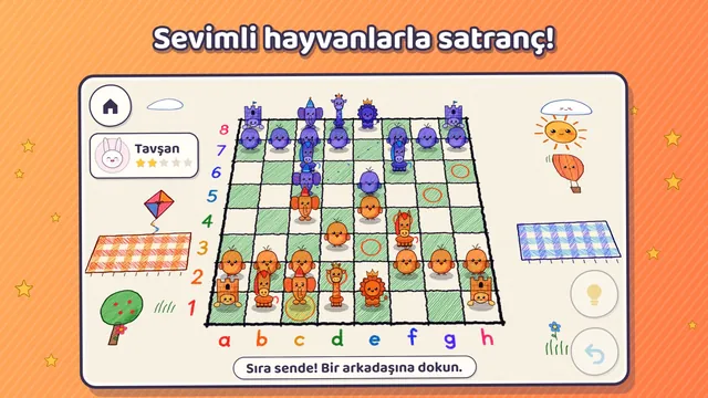 Tavşana karşı oyun: fil seçildi, gidebileceği kareler kalemle işaretli
