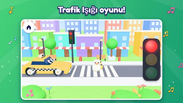 Trafik Işığı oyunu: kırmızıda duran arabalar ve karşıya geçen ördek ailesi