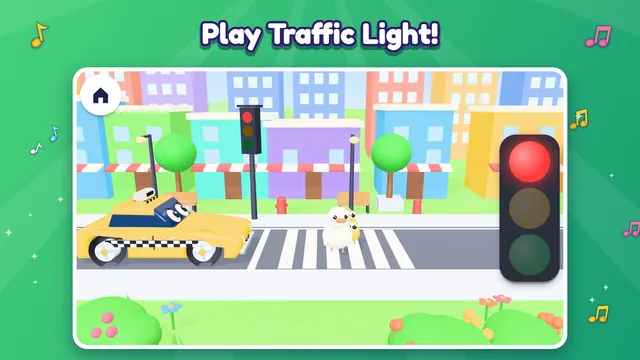 Traffic Light game: cars stopped at red while a duck family crosses
