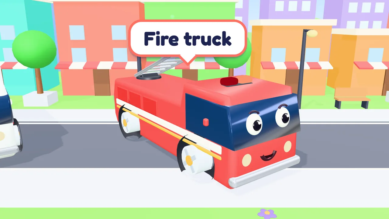 Vehicle Sounds: a fire truck sounding its siren when tapped, with a bubble showing its name