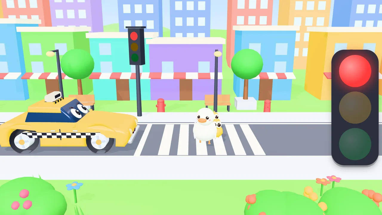Vehicle Sounds: vehicles stopped at a red light while a duck family crosses the road