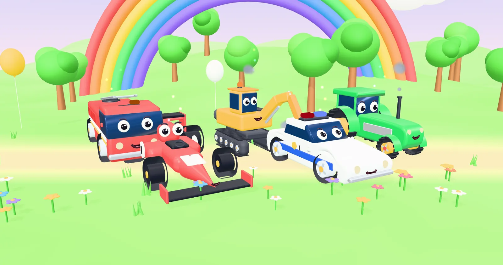 Vehicle Sounds: a police car, fire truck, excavator, tractor and race car in front of a rainbow