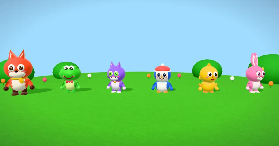 The six animal friends of Hop Hop Friends on a flowery island