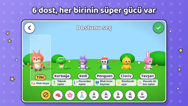 Dost seçimi: tilki, kurbağa, kedi, penguen, civciv ve tavşan, altta şapkalar