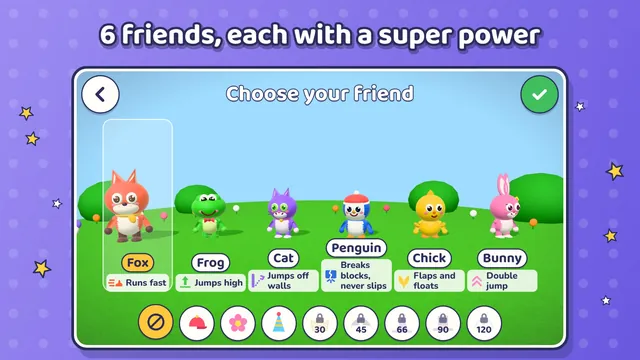Choose your friend: fox, frog, cat, penguin, chick and bunny, with hats below